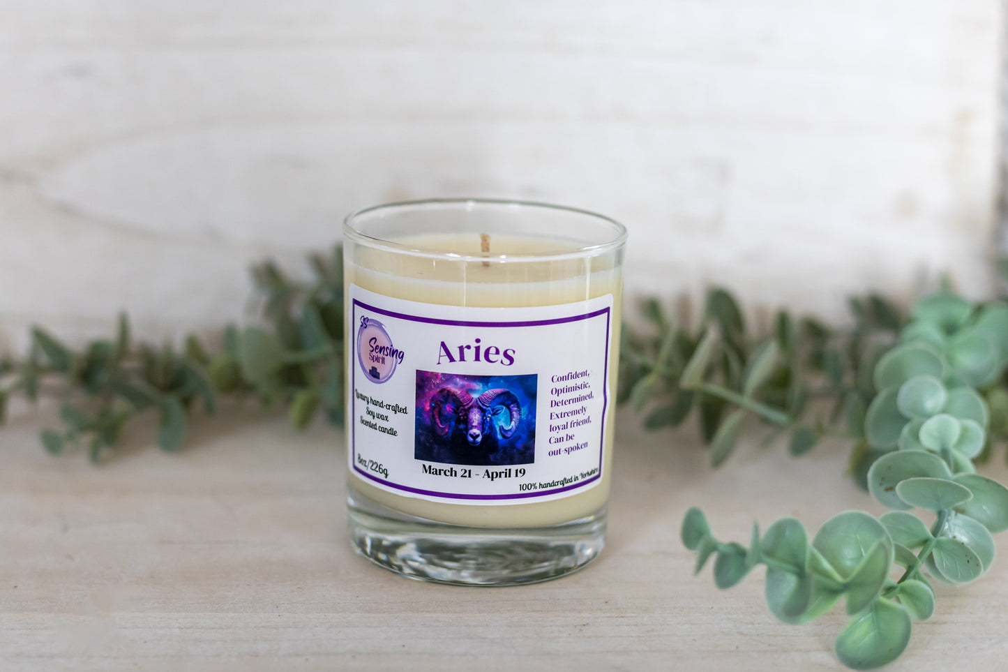 Aries zodiac soy wax candle with Angel by Mugler fragrance in clear glass container