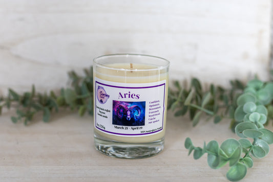 Aries zodiac soy wax candle with Angel by Mugler fragrance in clear glass container