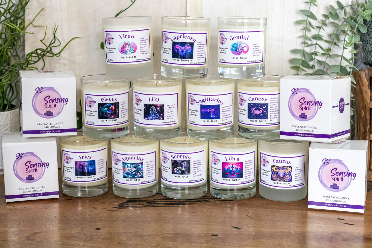 Zodiac candle collection featuring Leo, Scorpio, and Virgo soy wax candles with Angel by Mugler fragrance