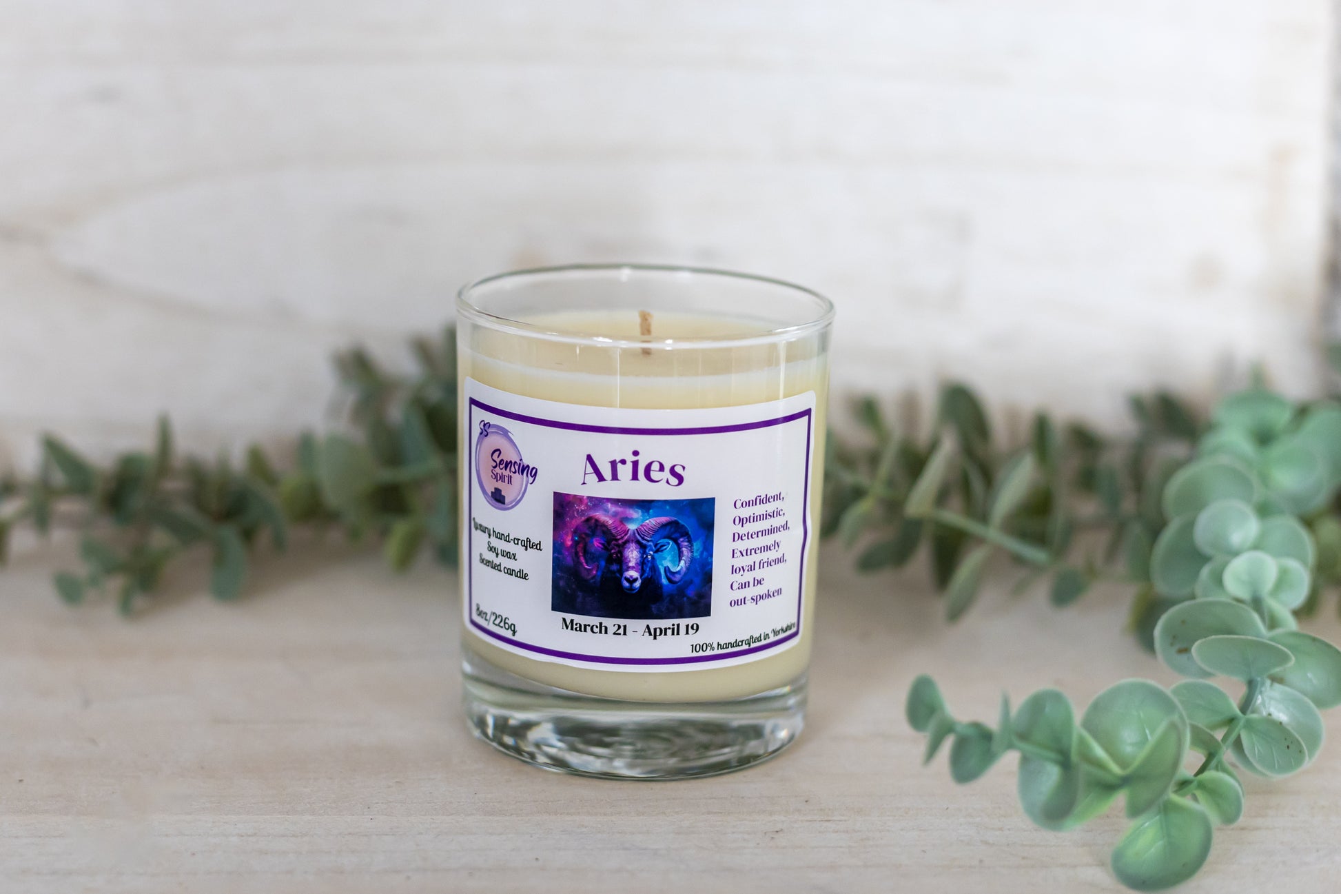 Aries zodiac soy wax candle with Angel by Mugler fragrance in clear glass container