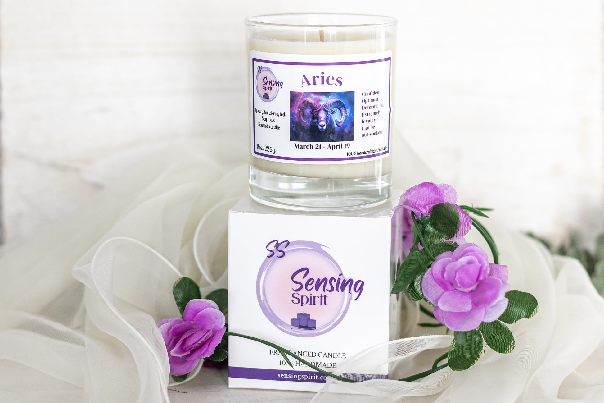 Aries zodiac soy wax candle with Angel by Mugler fragrance in clear glass container with presentation box