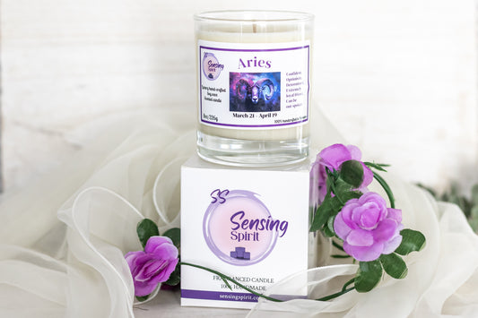Aries zodiac soy wax candle with Angel by Mugler fragrance in clear glass container with presentation box