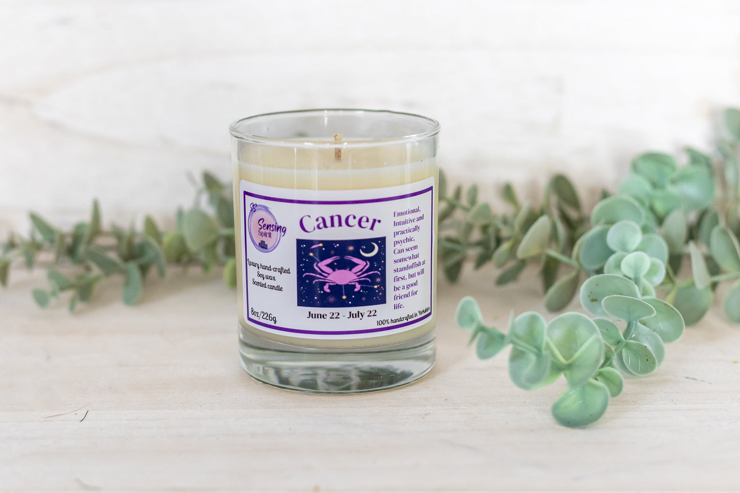 Cancer zodiac soy wax candle with Angel by Mugler fragrance in clear glass container