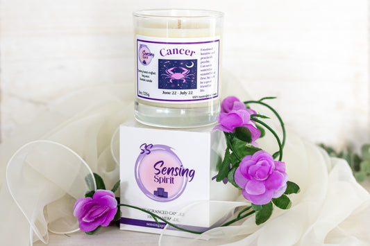 Cancer zodiac soy wax candle with Angel by Mugler fragrance in clear glass container with packaging box