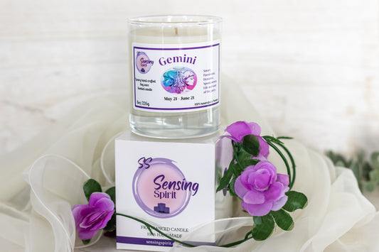Gemini zodiac soy wax candle with Angel by Mugler fragrance in clear glass container in presentation box