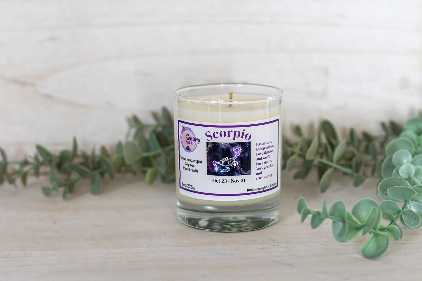 Scorpio scented with Alien soy wax candle with green leaves decoration