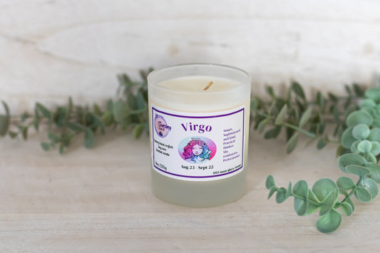 Virgo scented with Angel soy wax candle with green leaves decoration